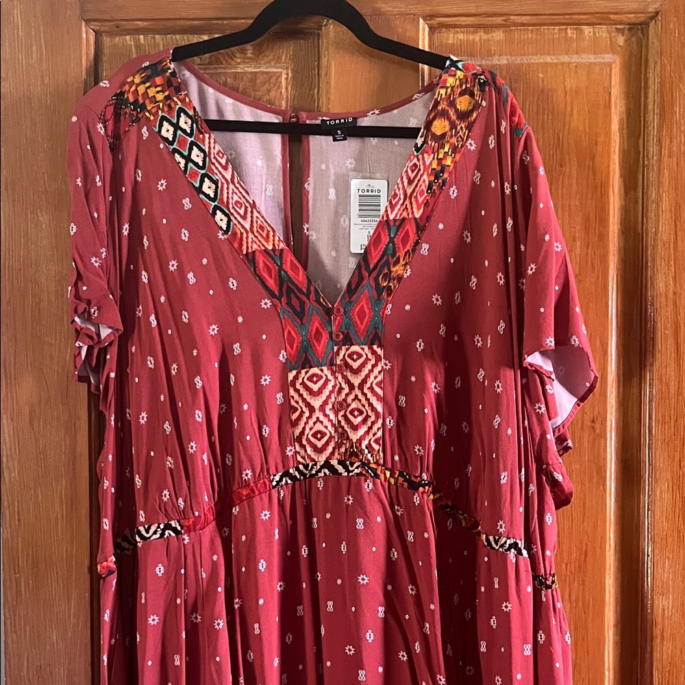 torrid rust red boho V-neck maxi dress with tribal trim